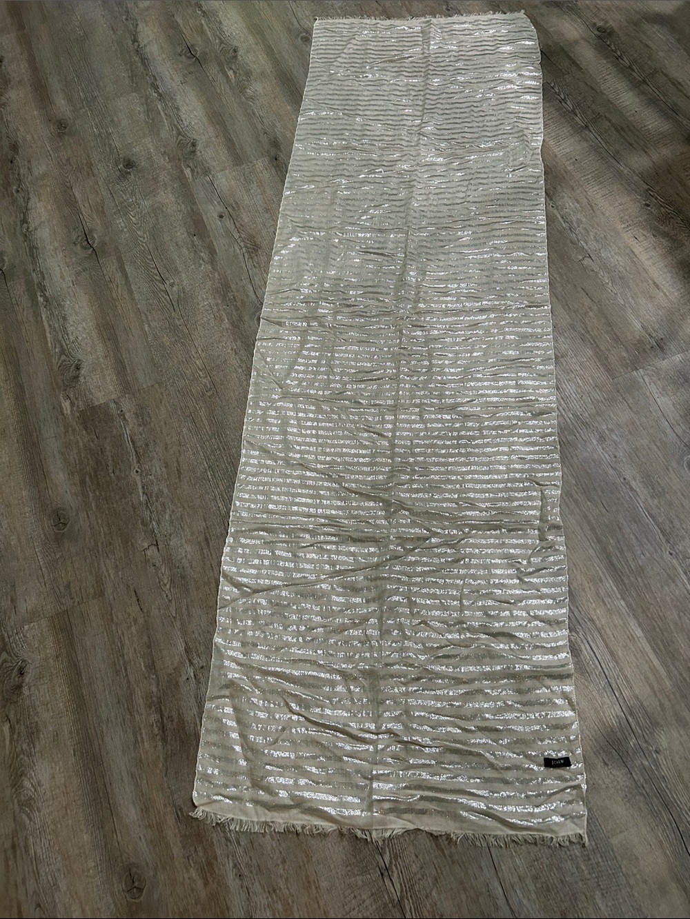 J. Crew Beige Scarf with Silver Metallic Stripes and Fringe - Picture 2 of 3